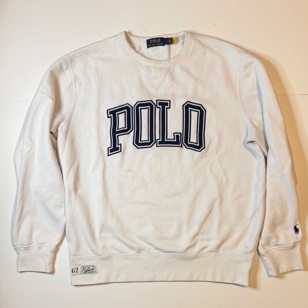 Polo Ralph Lauren Sweatshirt Mens Large White Fair Stained Applique Logo